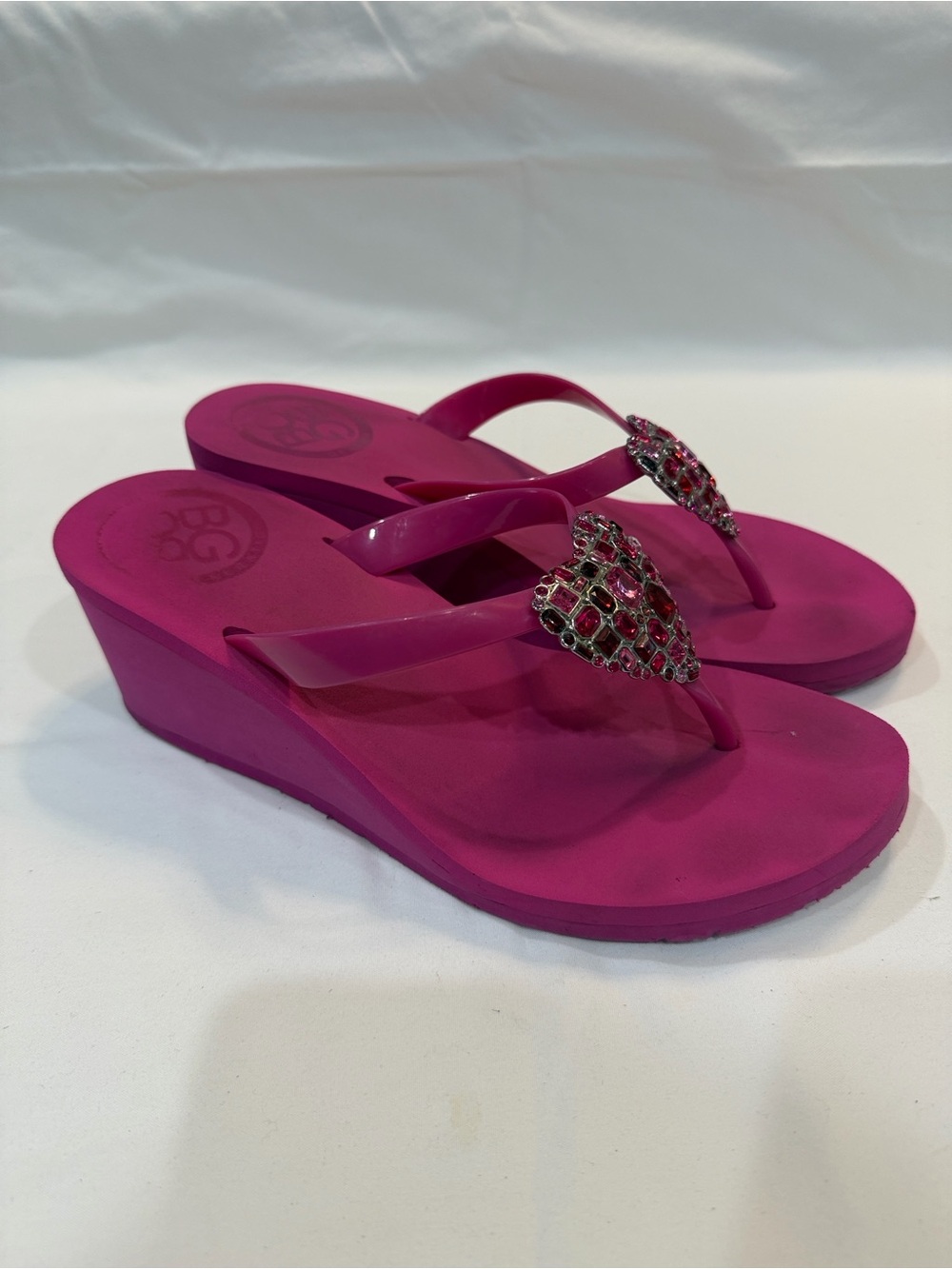BCBGeneration Hot Pink Wedge Flip Flops with Jeweled Heart